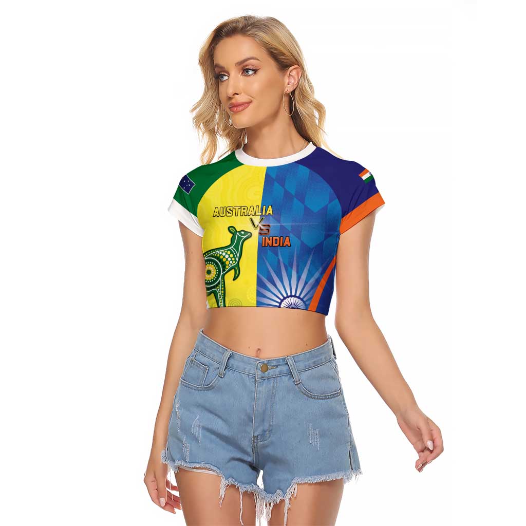 Custom Australia And India Cricket Raglan Cropped T Shirt Ashoka Chakra With Aboriginal - Wonder Print Shop