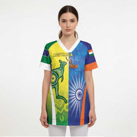 Custom Australia And India Cricket Scrub Top Ashoka Chakra With Aboriginal - Wonder Print Shop
