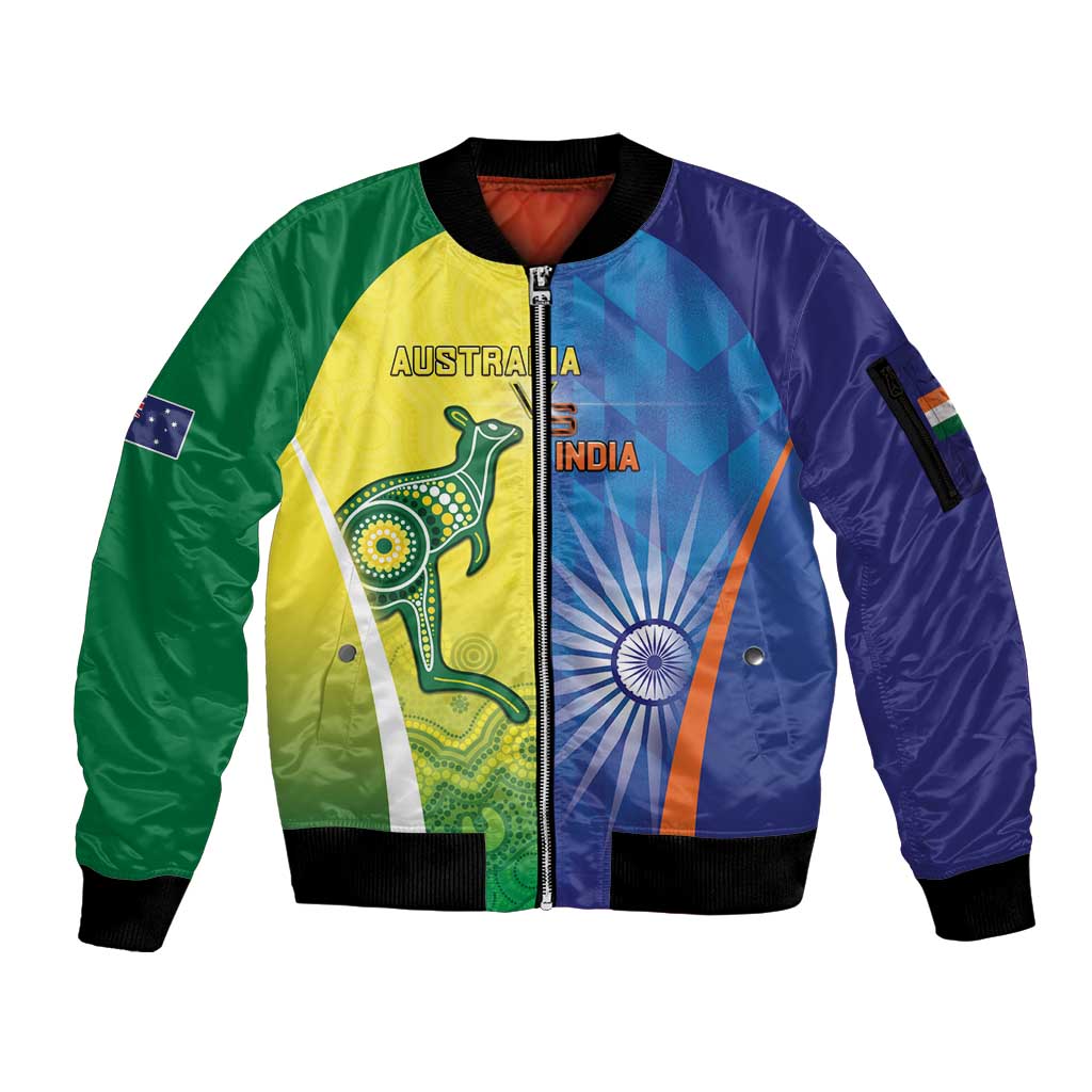 Custom Australia And India Cricket Sleeve Zip Bomber Jacket Ashoka Chakra With Aboriginal - Wonder Print Shop