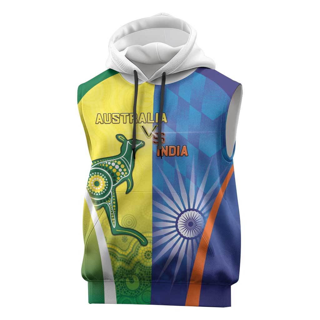 Custom Australia And India Cricket Sleeveless Hoodie Ashoka Chakra With Aboriginal - Wonder Print Shop