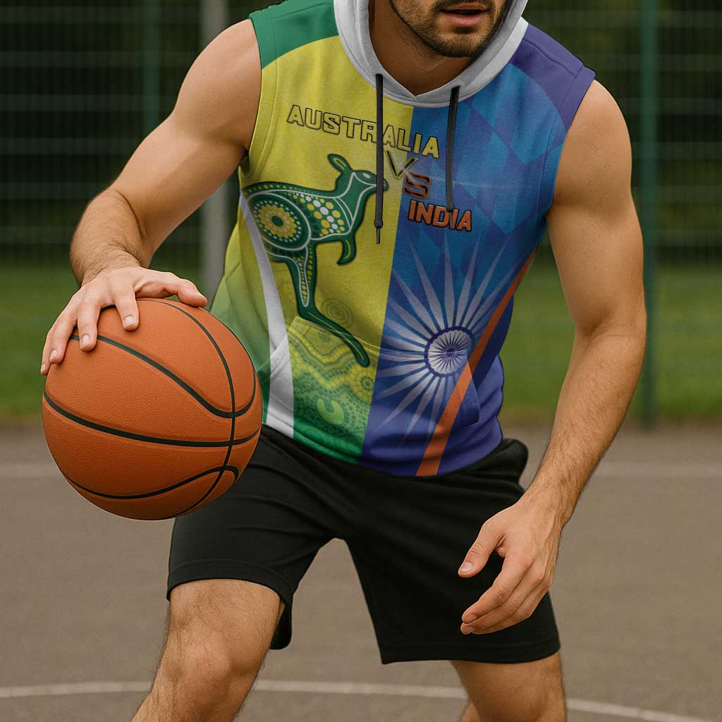 Custom Australia And India Cricket Sleeveless Hoodie Ashoka Chakra With Aboriginal - Wonder Print Shop