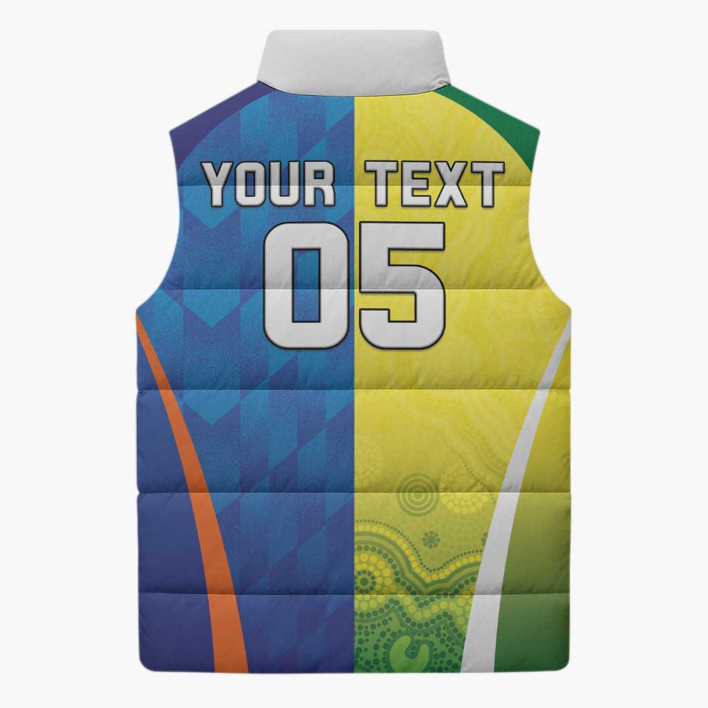 Custom Australia And India Cricket Sleeveless Puffer Jacket Ashoka Chakra With Aboriginal - Wonder Print Shop
