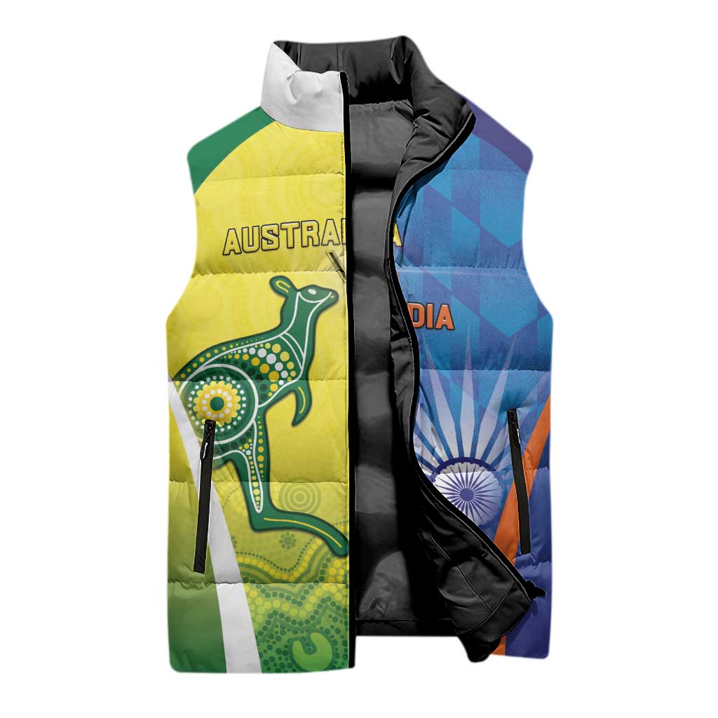 Custom Australia And India Cricket Sleeveless Puffer Jacket Ashoka Chakra With Aboriginal - Wonder Print Shop