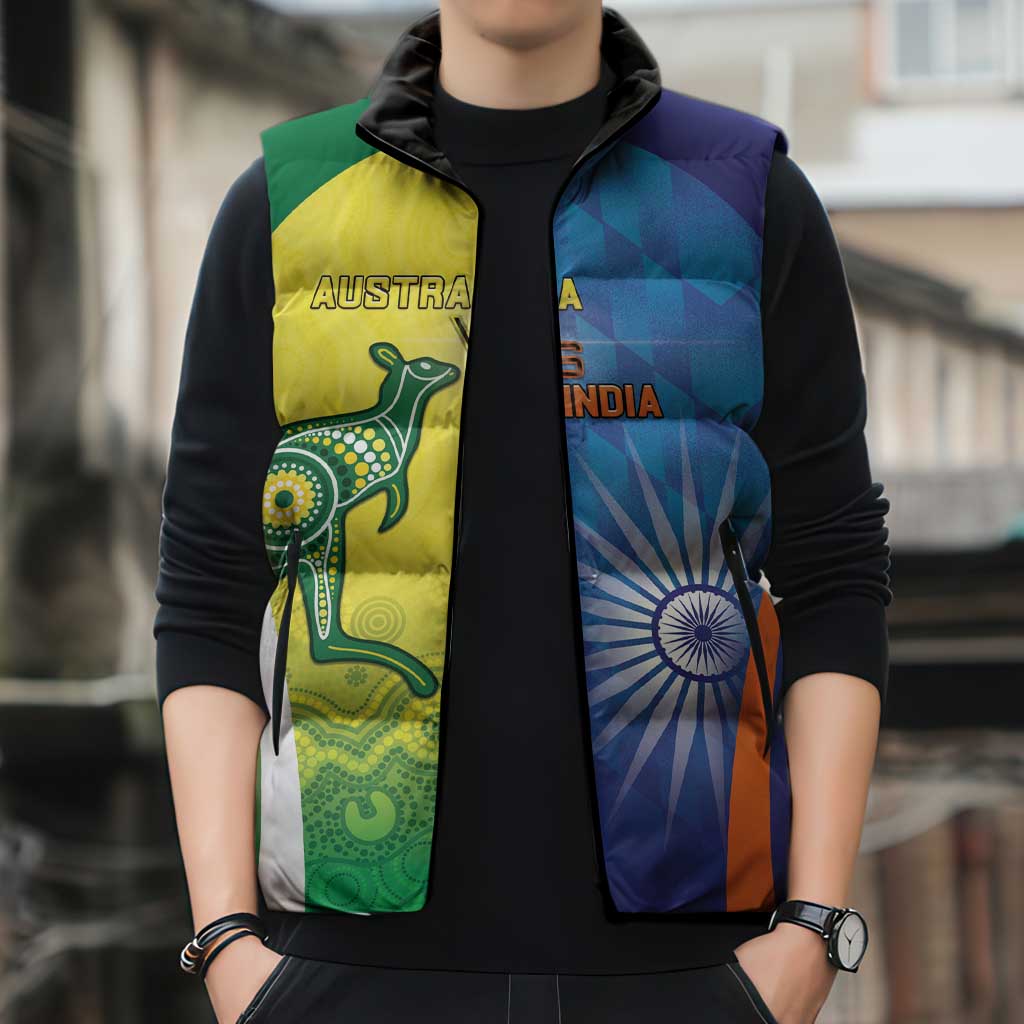 Custom Australia And India Cricket Sleeveless Puffer Jacket Ashoka Chakra With Aboriginal - Wonder Print Shop