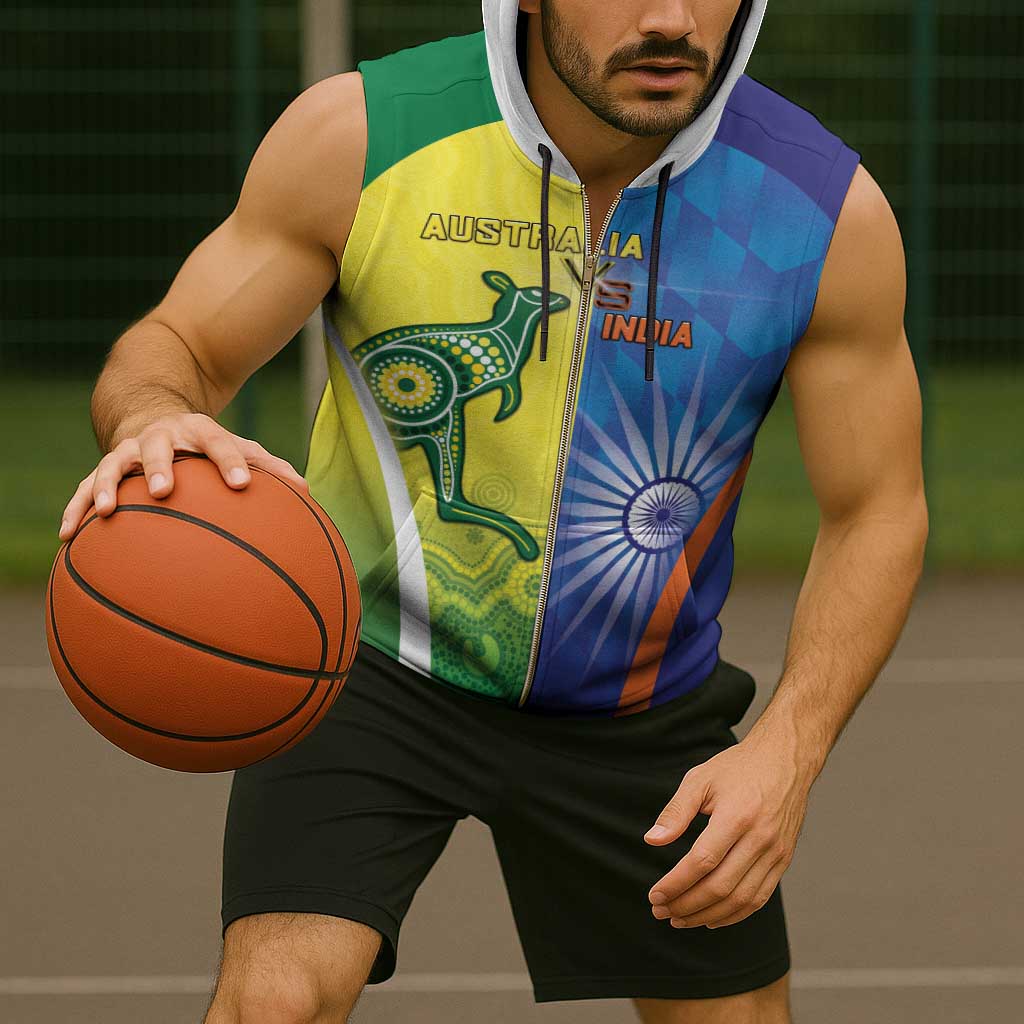 Custom Australia And India Cricket Sleeveless Zip Hoodie Ashoka Chakra With Aboriginal - Wonder Print Shop