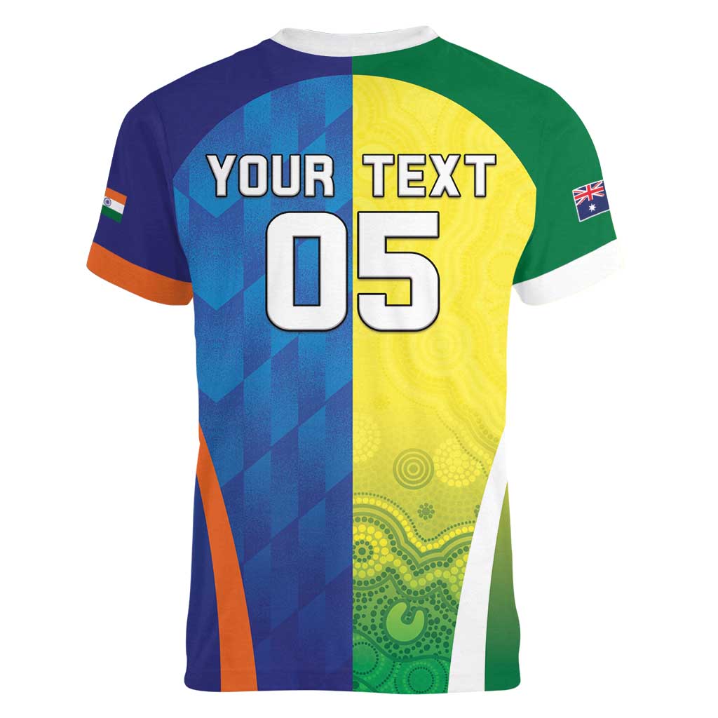 Custom Australia And India Cricket Women V-Neck T-Shirt Ashoka Chakra With Aboriginal - Wonder Print Shop