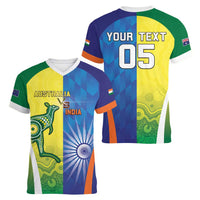 Custom Australia And India Cricket Women V-Neck T-Shirt Ashoka Chakra With Aboriginal - Wonder Print Shop