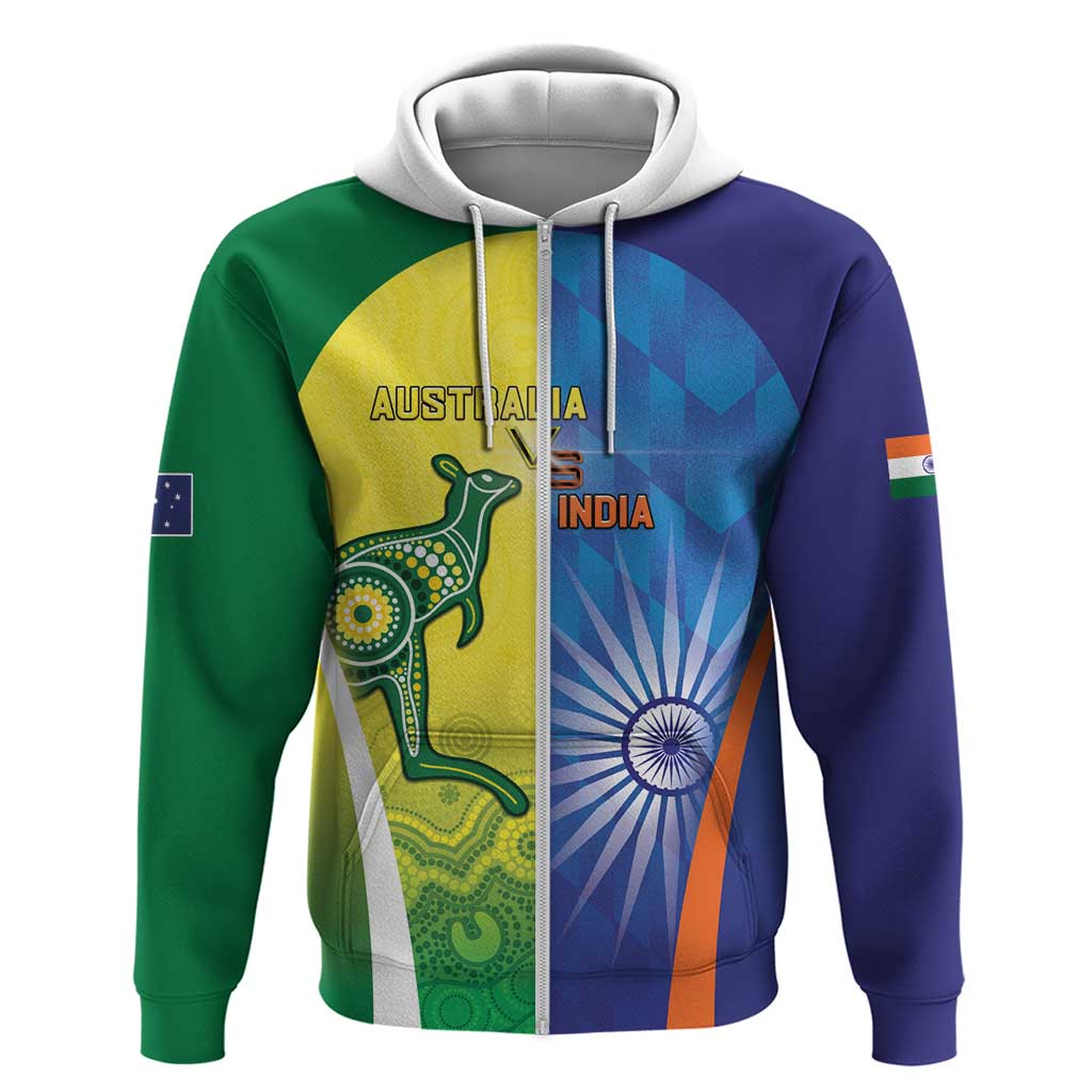 Custom Australia And India Cricket Zip Hoodie Ashoka Chakra With Aboriginal - Wonder Print Shop
