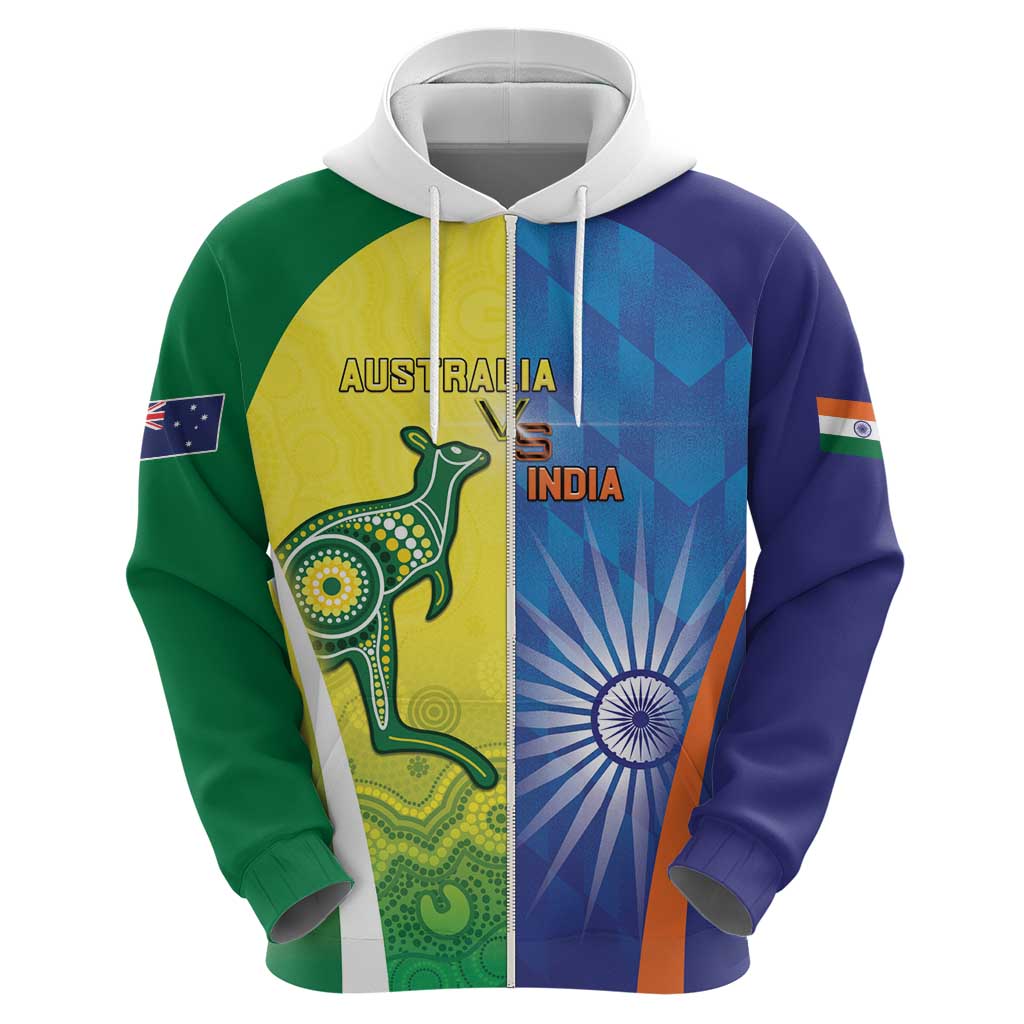 Custom Australia And India Cricket Zip Hoodie Ashoka Chakra With Aboriginal - Wonder Print Shop
