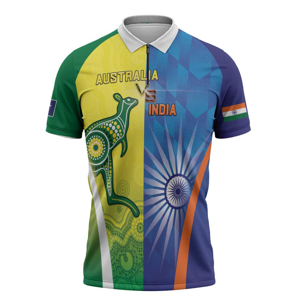 Custom Australia And India Cricket Zipper Polo Shirt Ashoka Chakra With Aboriginal - Wonder Print Shop