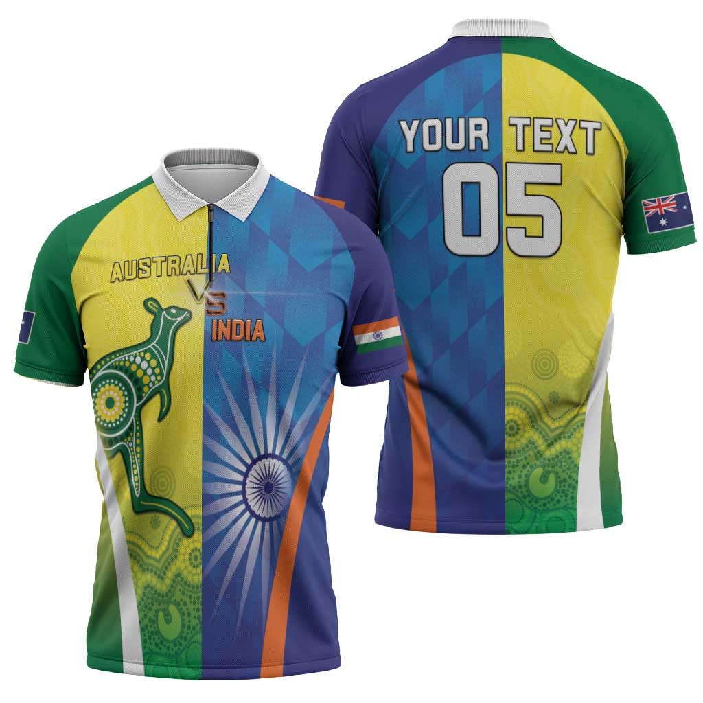 Custom Australia And India Cricket Zipper Polo Shirt Ashoka Chakra With Aboriginal - Wonder Print Shop