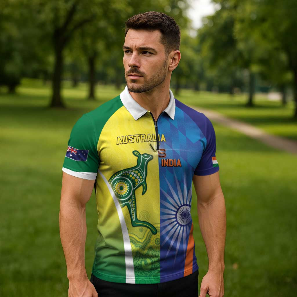 Custom Australia And India Cricket Zipper Polo Shirt Ashoka Chakra With Aboriginal - Wonder Print Shop