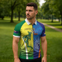 Custom Australia And India Cricket Zipper Polo Shirt Ashoka Chakra With Aboriginal - Wonder Print Shop