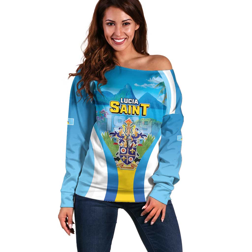 Personalized Saint Lucia 1979 Off Shoulder Sweater Happy Independence Day