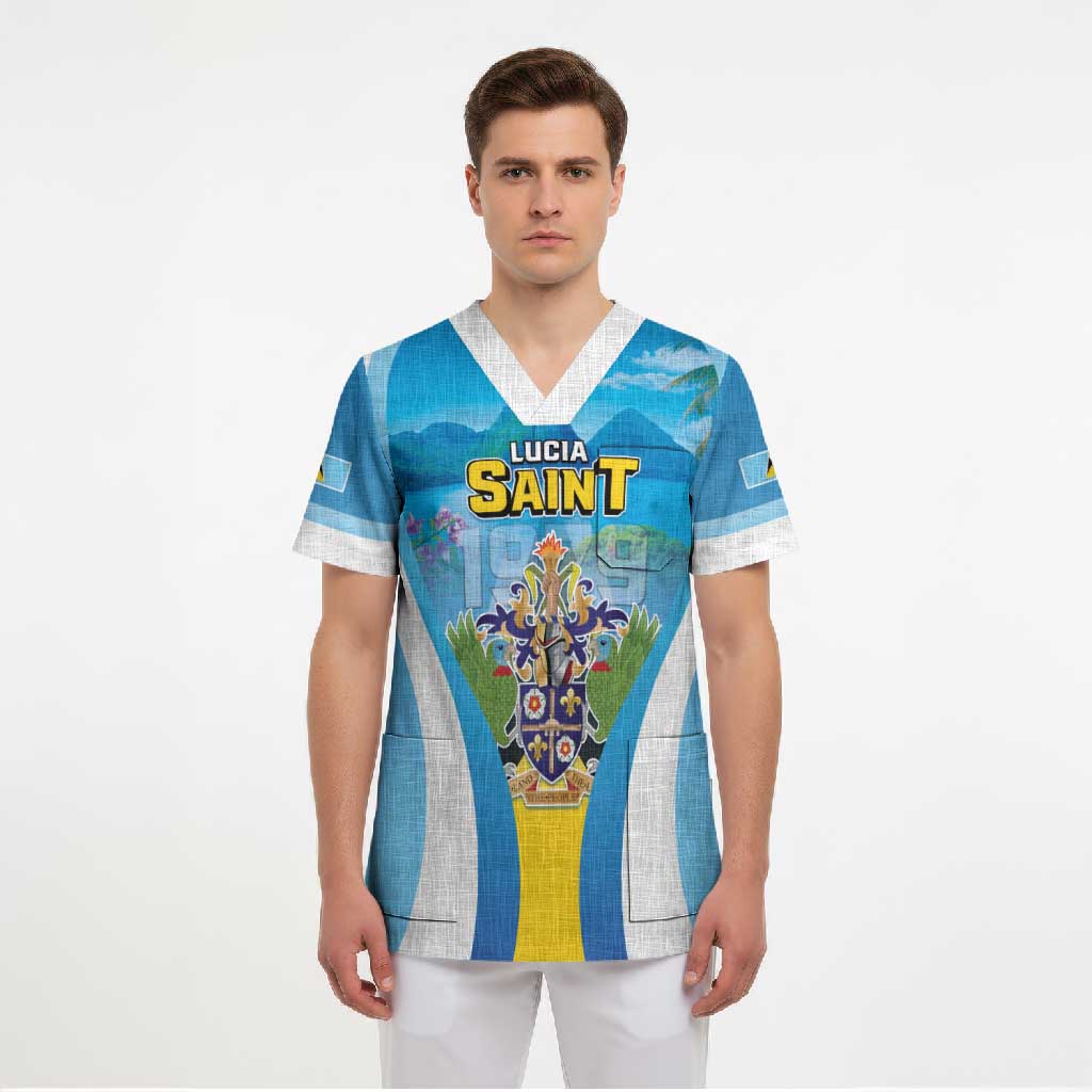 Personalized Saint Lucia 1979 Scrub Top Happy Independence Day
