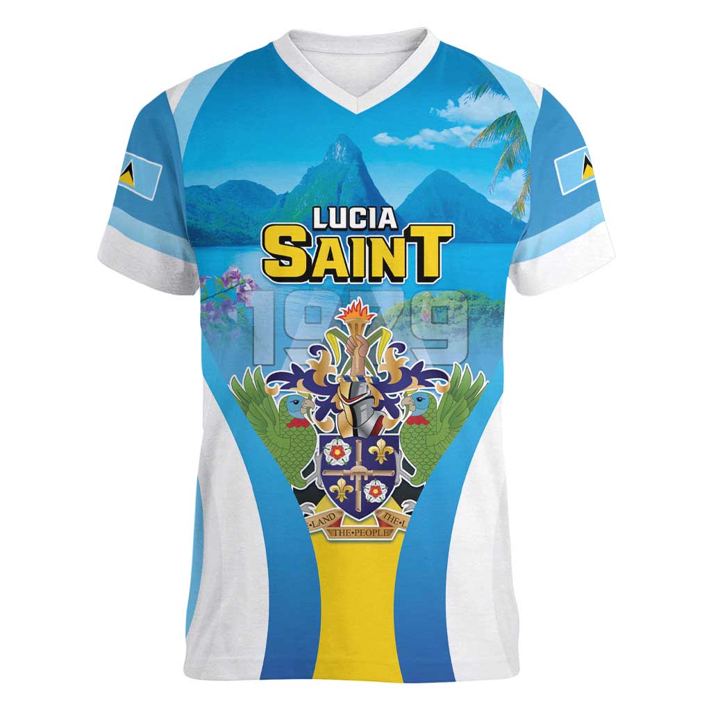 Personalized Saint Lucia 1979 Women V-Neck T-Shirt Happy Independence Day