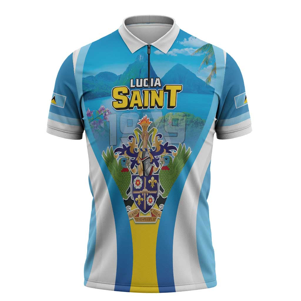 Personalized Saint Lucia 1979 Zipper Polo Shirt Happy Independence Day