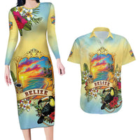 Belize Toucan Couples Matching Long Sleeve Bodycon Dress and Hawaiian Shirt Belizean Pride Retro Style