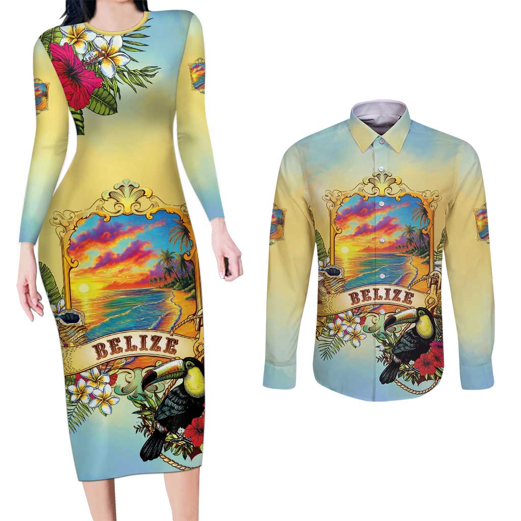 Belize Toucan Couples Matching Long Sleeve Bodycon Dress and Long Sleeve Button Shirt Belizean Pride Retro Style