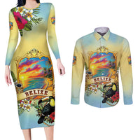 Belize Toucan Couples Matching Long Sleeve Bodycon Dress and Long Sleeve Button Shirt Belizean Pride Retro Style