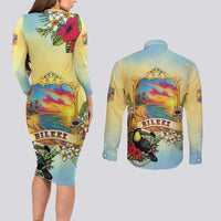 Belize Toucan Couples Matching Long Sleeve Bodycon Dress and Long Sleeve Button Shirt Belizean Pride Retro Style