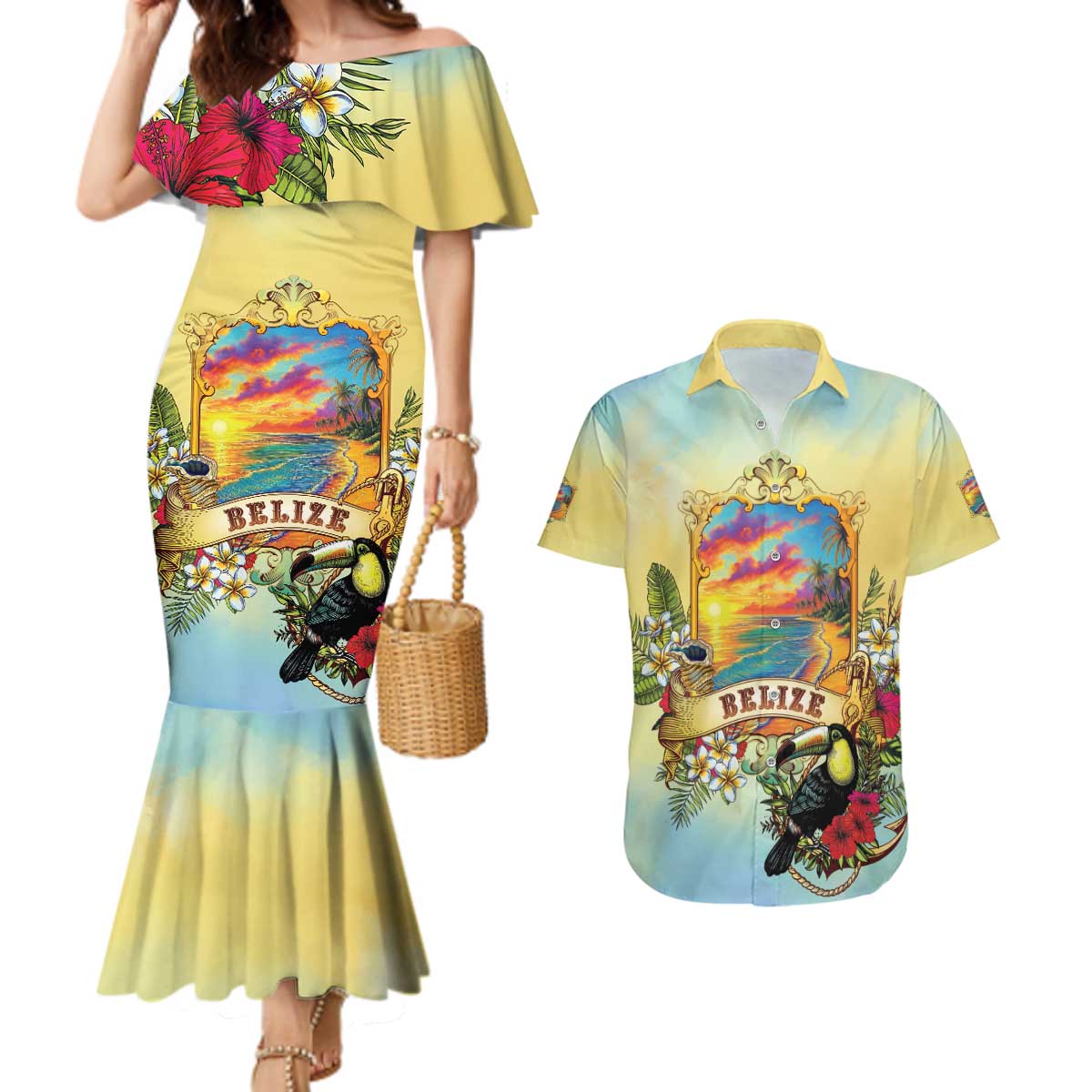 Belize Toucan Couples Matching Mermaid Dress and Hawaiian Shirt Belizean Pride Retro Style