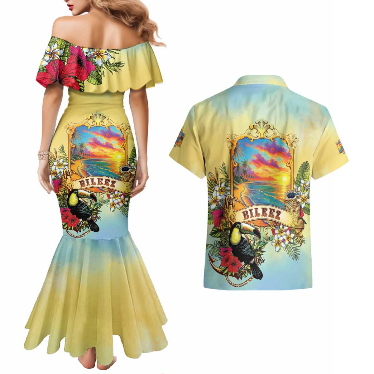 Belize Toucan Couples Matching Mermaid Dress and Hawaiian Shirt Belizean Pride Retro Style
