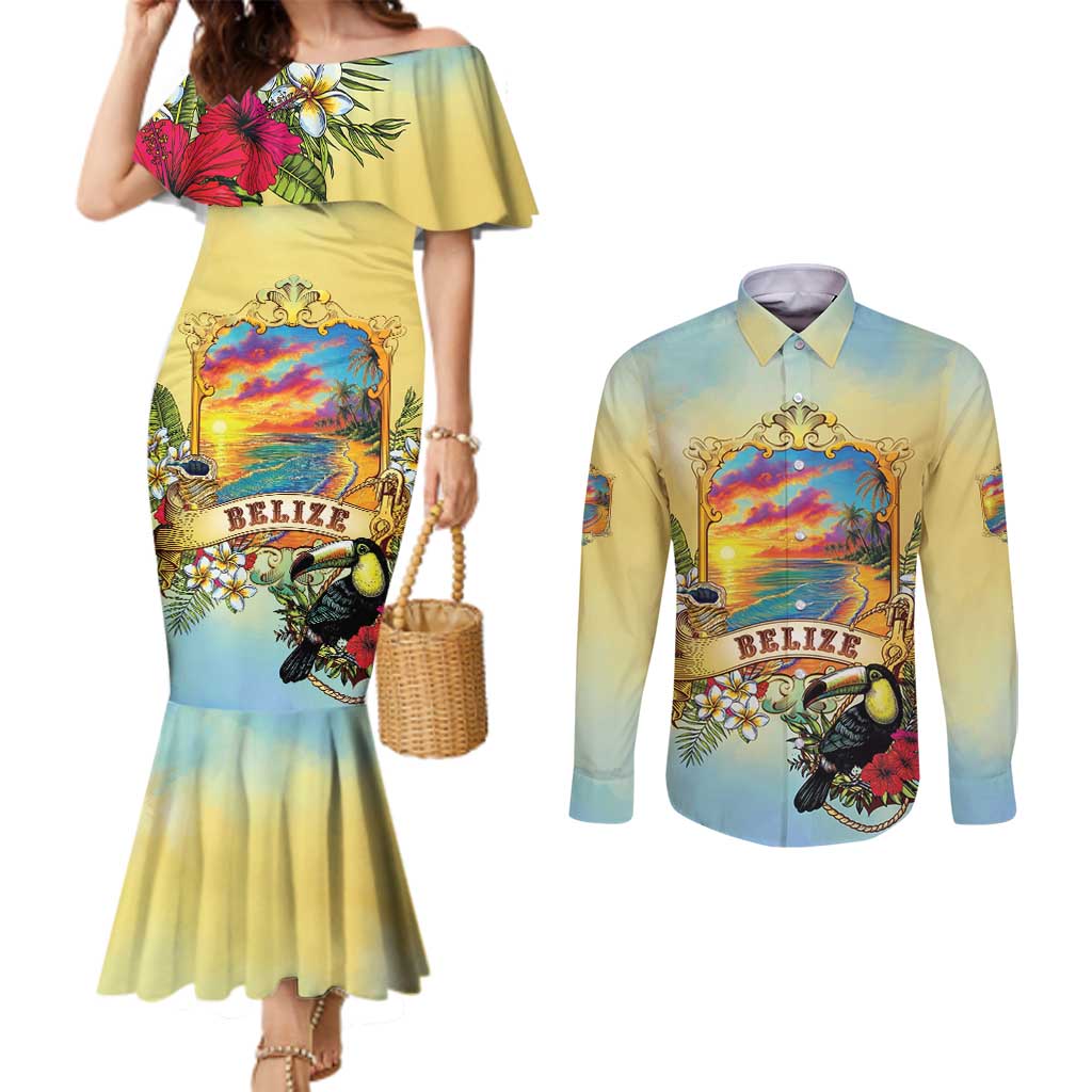Belize Toucan Couples Matching Mermaid Dress and Long Sleeve Button Shirt Belizean Pride Retro Style