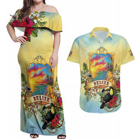 Belize Toucan Couples Matching Off Shoulder Maxi Dress and Hawaiian Shirt Belizean Pride Retro Style