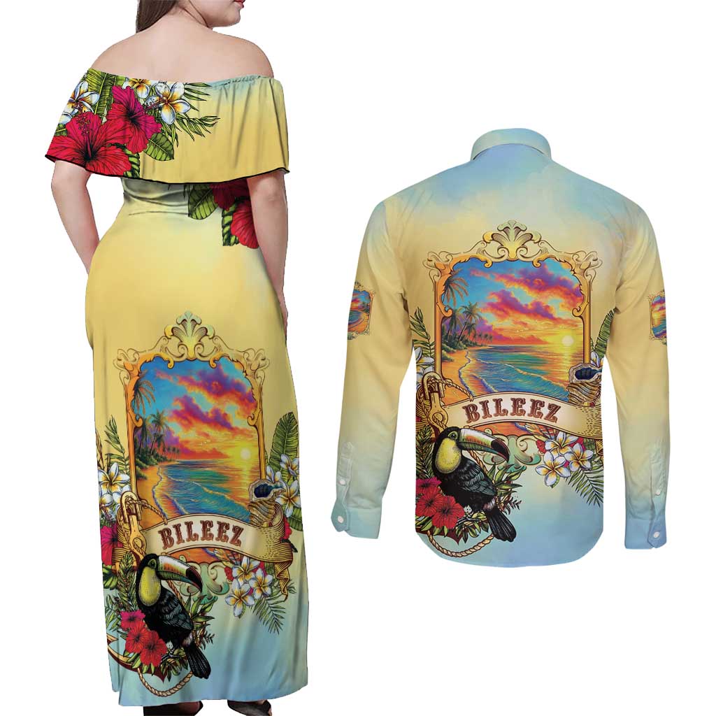Belize Toucan Couples Matching Off Shoulder Maxi Dress and Long Sleeve Button Shirt Belizean Pride Retro Style