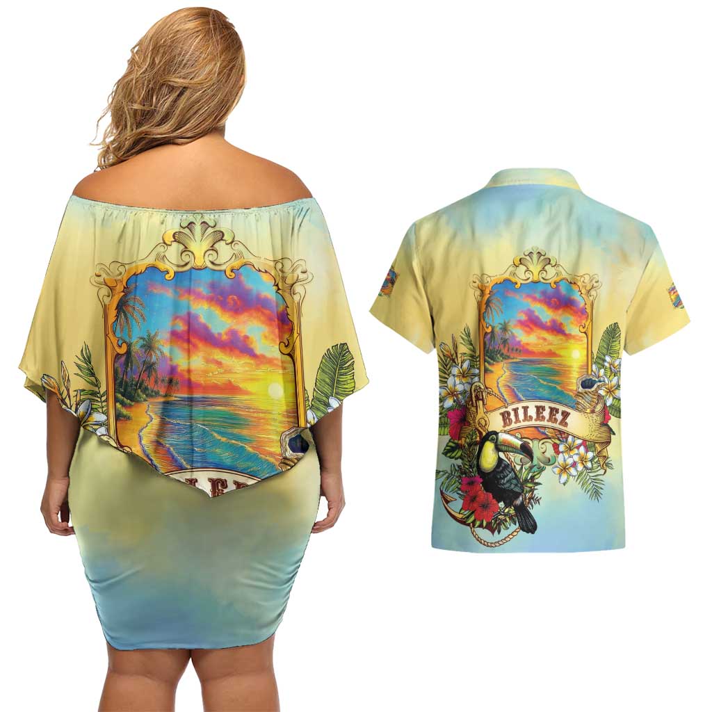 Belize Toucan Couples Matching Off Shoulder Short Dress and Hawaiian Shirt Belizean Pride Retro Style