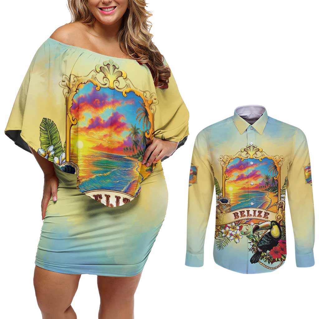 Belize Toucan Couples Matching Off Shoulder Short Dress and Long Sleeve Button Shirt Belizean Pride Retro Style