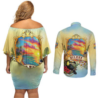 Belize Toucan Couples Matching Off Shoulder Short Dress and Long Sleeve Button Shirt Belizean Pride Retro Style