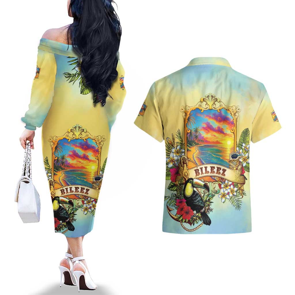 Belize Toucan Couples Matching Off The Shoulder Long Sleeve Dress and Hawaiian Shirt Belizean Pride Retro Style