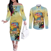Belize Toucan Couples Matching Off The Shoulder Long Sleeve Dress and Long Sleeve Button Shirt Belizean Pride Retro Style