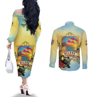 Belize Toucan Couples Matching Off The Shoulder Long Sleeve Dress and Long Sleeve Button Shirt Belizean Pride Retro Style