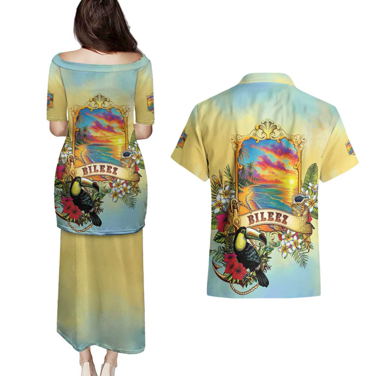 Belize Toucan Couples Matching Puletasi and Hawaiian Shirt Belizean Pride Retro Style