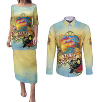 Belize Toucan Couples Matching Puletasi and Long Sleeve Button Shirt Belizean Pride Retro Style