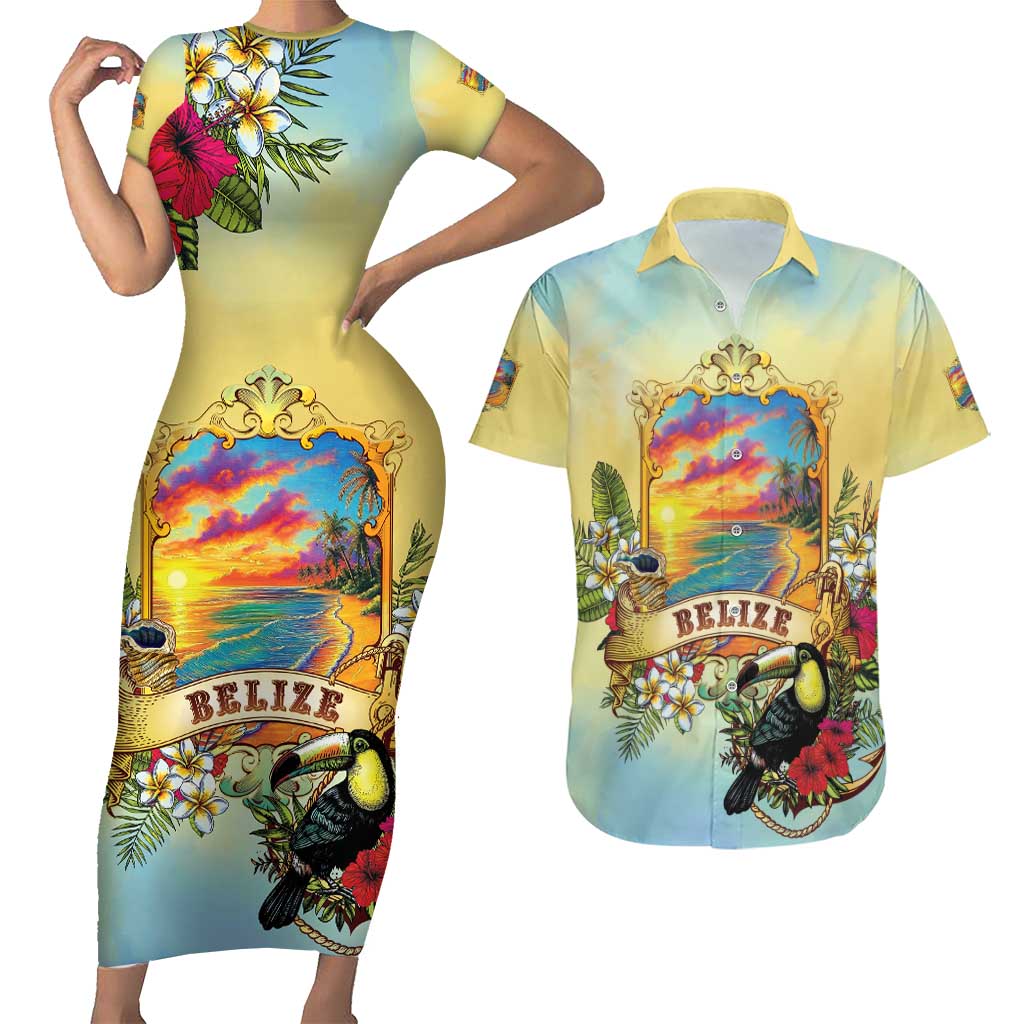 Belize Toucan Couples Matching Short Sleeve Bodycon Dress and Hawaiian Shirt Belizean Pride Retro Style