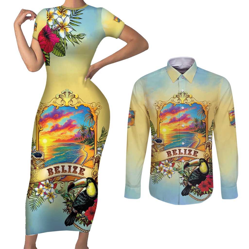 Belize Toucan Couples Matching Short Sleeve Bodycon Dress and Long Sleeve Button Shirt Belizean Pride Retro Style