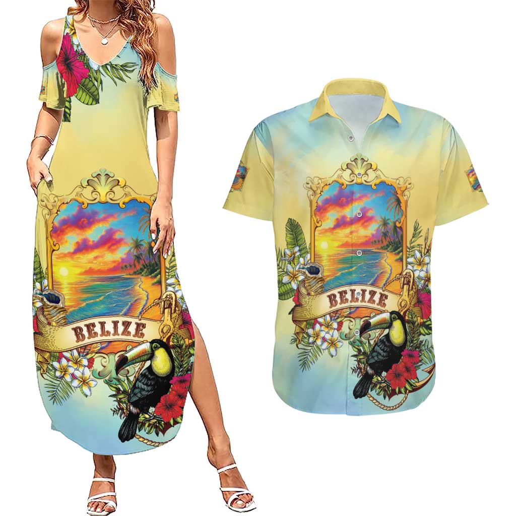 Belize Toucan Couples Matching Summer Maxi Dress and Hawaiian Shirt Belizean Pride Retro Style