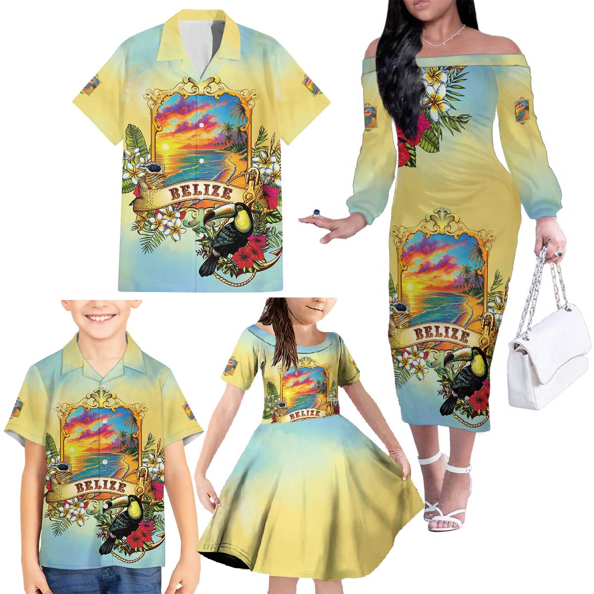 Belize Toucan Family Matching Off The Shoulder Long Sleeve Dress and Hawaiian Shirt Belizean Pride Retro Style