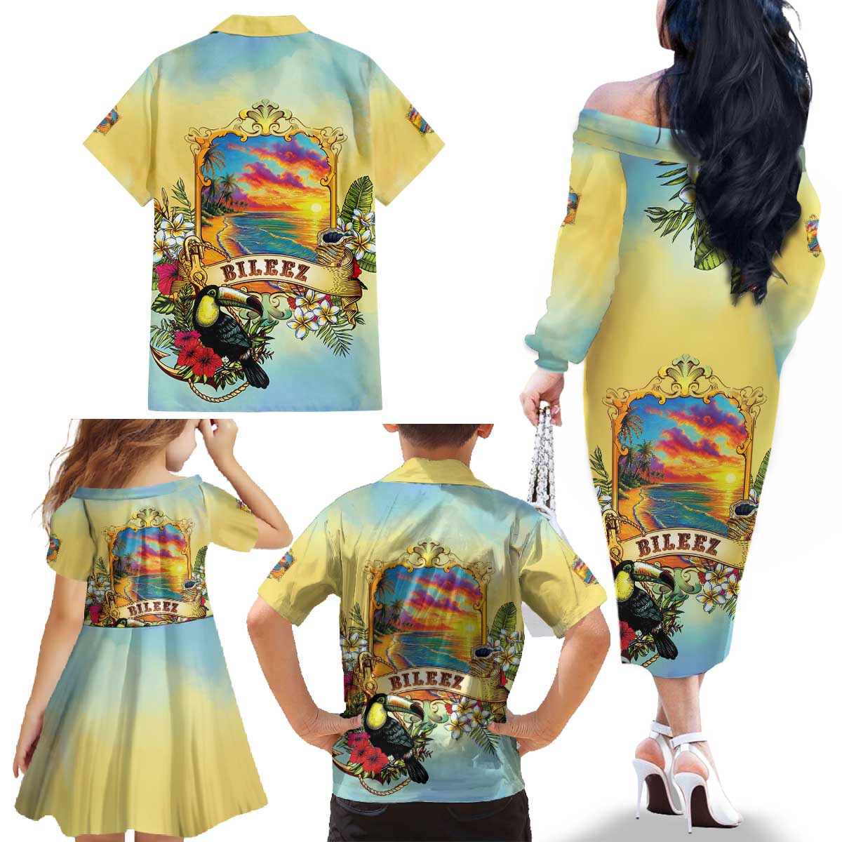 Belize Toucan Family Matching Off The Shoulder Long Sleeve Dress and Hawaiian Shirt Belizean Pride Retro Style
