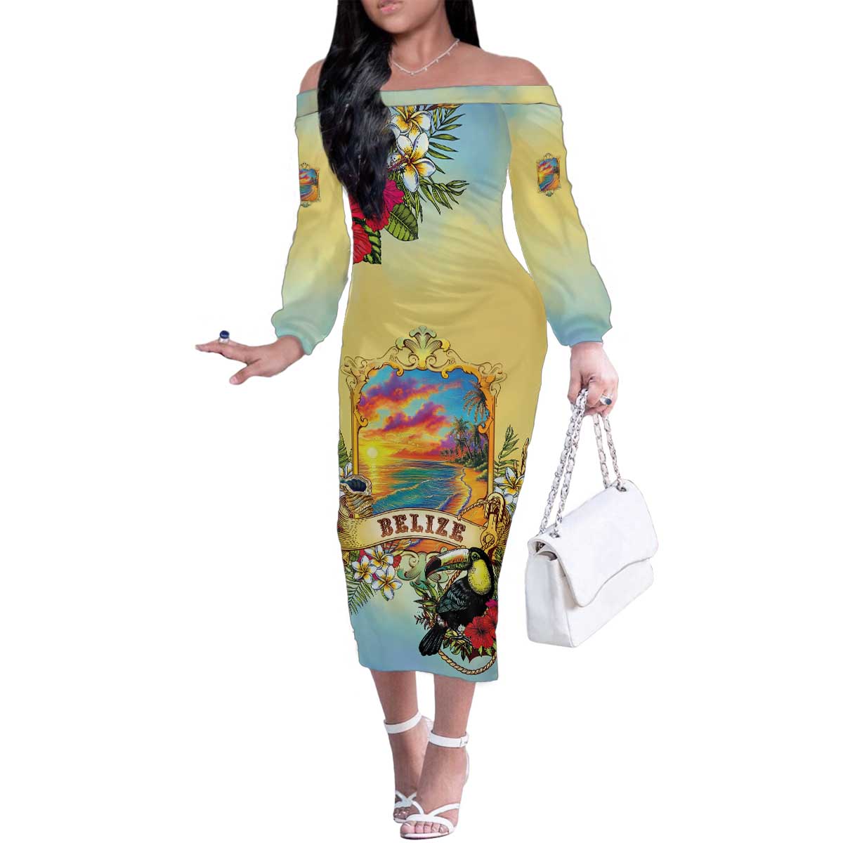 Belize Toucan Family Matching Off The Shoulder Long Sleeve Dress and Hawaiian Shirt Belizean Pride Retro Style