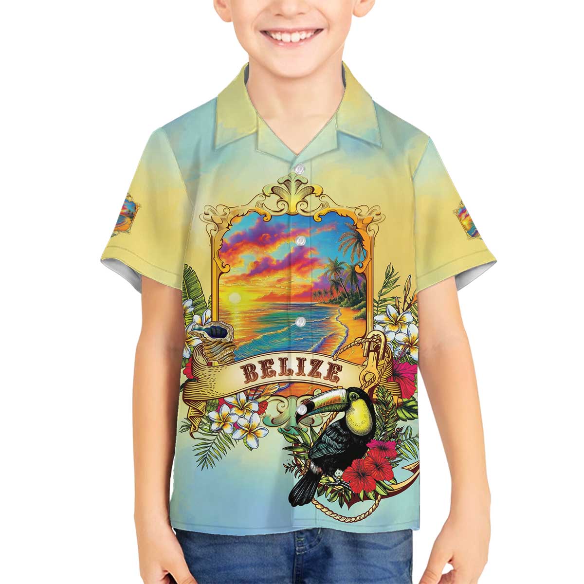 Belize Toucan Family Matching Off The Shoulder Long Sleeve Dress and Hawaiian Shirt Belizean Pride Retro Style
