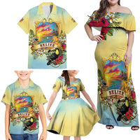 Belize Toucan Family Matching Off Shoulder Maxi Dress and Hawaiian Shirt Belizean Pride Retro Style