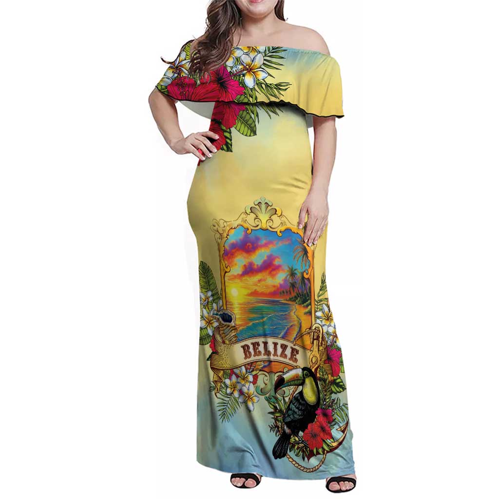 Belize Toucan Family Matching Off Shoulder Maxi Dress and Hawaiian Shirt Belizean Pride Retro Style