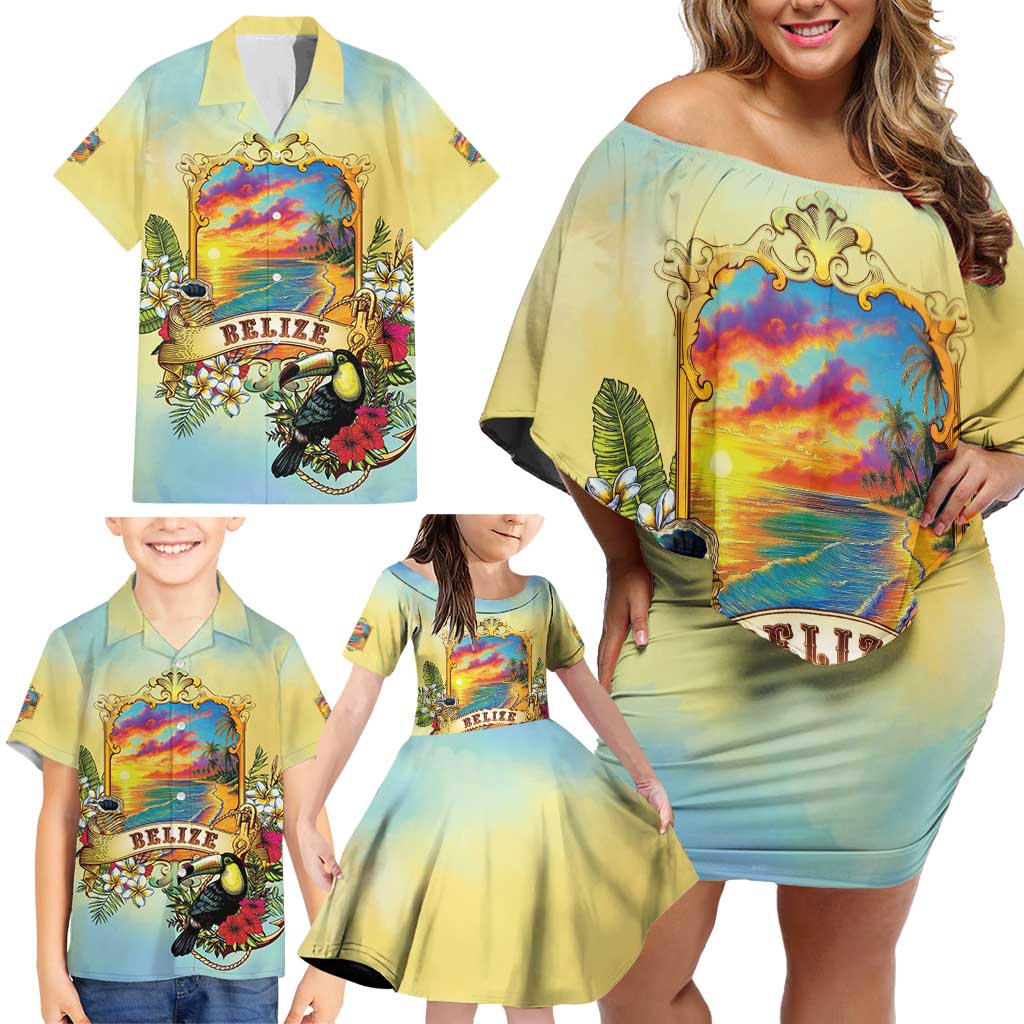 Belize Toucan Family Matching Off Shoulder Short Dress and Hawaiian Shirt Belizean Pride Retro Style
