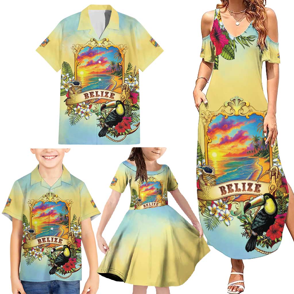 Belize Toucan Family Matching Summer Maxi Dress and Hawaiian Shirt Belizean Pride Retro Style