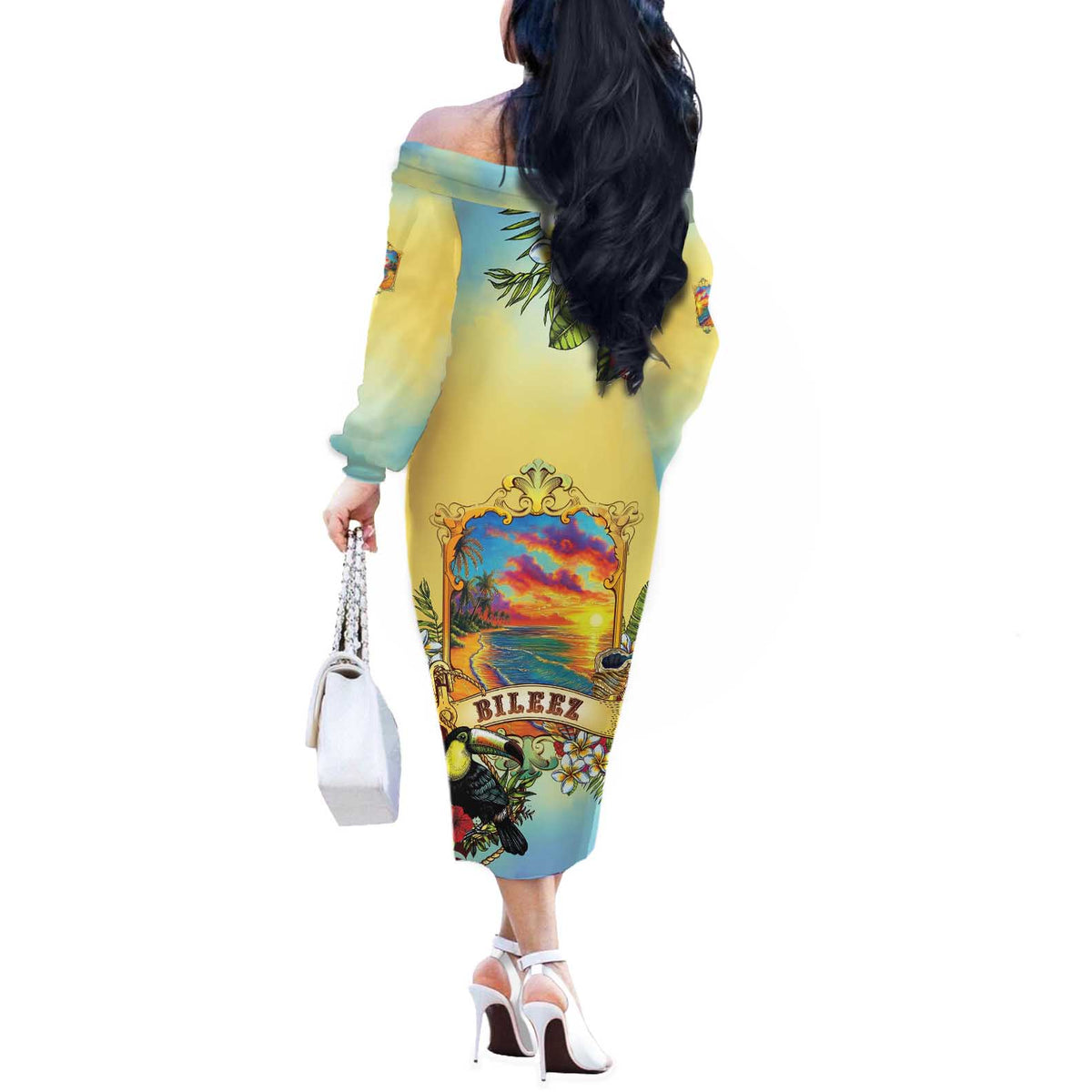 Belize Toucan Off The Shoulder Long Sleeve Dress Belizean Pride Retro Style